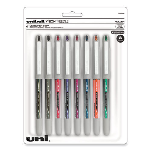 Vision Needle Roller Ball Pen, Stick, Fine 0.7 Mm, Assorted Ink Colors, Silver Barrel, 8/pack