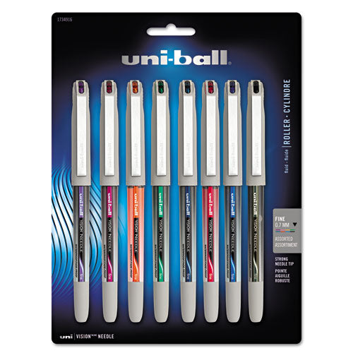 Vision Needle Roller Ball Pen, Stick, Fine 0.7 Mm, Assorted Ink Colors, Silver Barrel, 8/pack