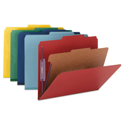 Four-section Pressboard Top Tab Classification Folders, Four Safeshield Fasteners, 1 Divider, Legal Size, Bright Red, 10/box