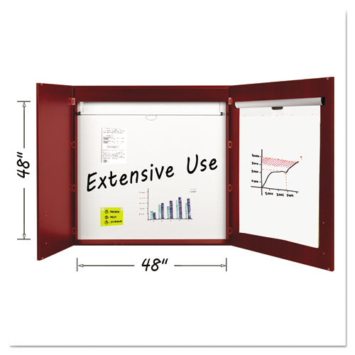 Conference Cabinet,  Porcelain Magnetic Dry Erase Board, 48 X 48, White Surface, Cherry Wood Frame