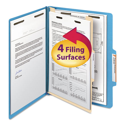 Top Tab Classification Folders, Four Safeshield Fasteners, 2" Expansion, 1 Divider, Letter Size, Blue Exterior, 10/box