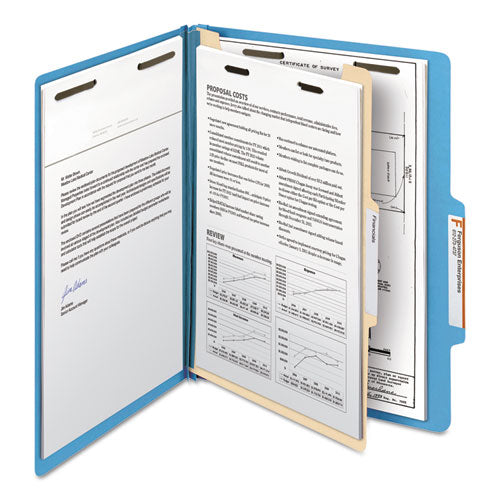 Top Tab Classification Folders, Four Safeshield Fasteners, 2" Expansion, 1 Divider, Letter Size, Blue Exterior, 10/box