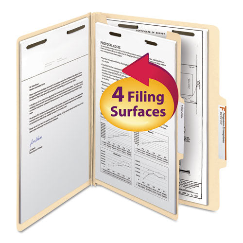 Four-section Top Tab Classification Folders, 2" Expansion, 1 Divider, 4 Fasteners, Letter Size, Manila, 10/box