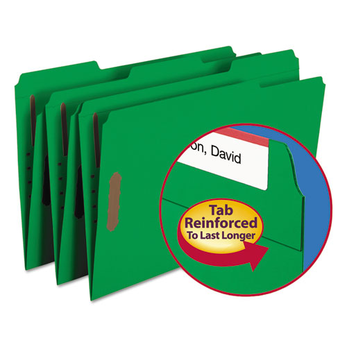 Top Tab Colored Fastener Folders, 0.75" Expansion, 2 Fasteners, Legal Size, Green Exterior, 50/box