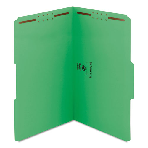 Top Tab Colored Fastener Folders, 0.75" Expansion, 2 Fasteners, Legal Size, Green Exterior, 50/box