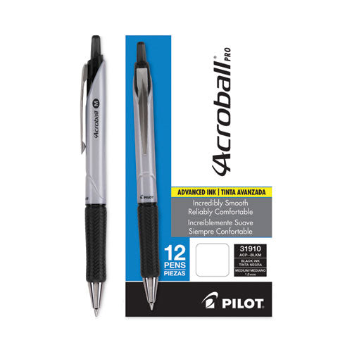 Acroball Pro Advanced Ink Ballpoint Pen, Retractable, Medium 1 Mm, Black Ink, Silver Barrel, Dozen