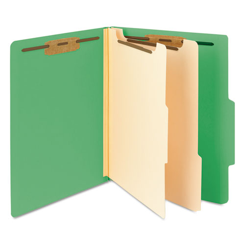 Top Tab Classification Folders, Six Safeshield Fasteners, 2" Expansion, 2 Dividers, Letter Size, Green Exterior, 10/box