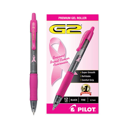 G2 Premium Breast Cancer Awareness Gel Pen, Retractable, Fine 0.7 Mm, Black Ink, Translucent Pink Barrel, Dozen