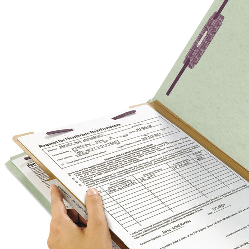 Pressboard Classification Folders, Four Safeshield Fasteners, 2/5-cut Tabs, 1 Divider, Legal Size, Gray-green, 10/box