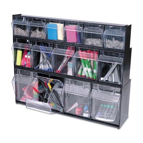 Tilt Bin Interlocking Multi-bin Storage Organizer, 6 Sections, 23.63" X 3.63" X 4.5", Black/clear