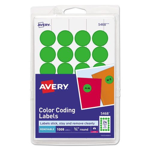 Printable Self-adhesive Removable Color-coding Labels, 1.25" Dia, Neon Green, 8/sheet, 50 Sheets/pack, (5498)