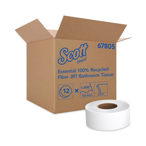 Essential 100% Recycled Fiber Jrt Bathroom Tissue For Business, Septic Safe, 2-ply, White, 3.55" X 1,000 Ft, 12 Rolls/carton