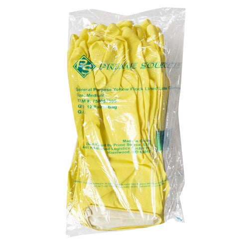 General Purpose Flocked Lined Latex Yellow Gloves - Medium 12/Pack