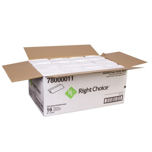 Right Choice™ Paper Multifold Towel 1-Ply 250-Sheets, White, 9" X 9.45" 4000/Case