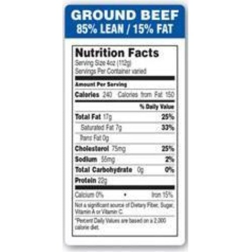 Ground Beef 85 Percent Lean And 15 Percent Fat Royal Blue Label - 1.5" X 3" 24000/Roll