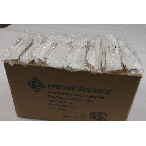 Polystyrene White Knife, Fork, Salt, Pepper 12" X 13" Napkin 250/Case