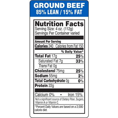 Label - Ground Beef-85% Lean/15% Fat(nut Fact) Blue/Black/UV 1.5x3.0 In. 1M/Roll