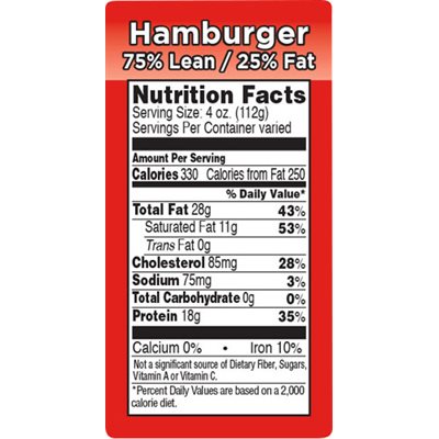 Label - Hamburger 75% Lean/25% Fat (nut Fact) Rd/Black/UV 1.5x3.0 In. 1M/Roll