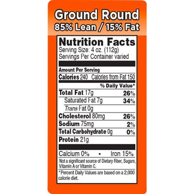 Label - Ground Round-85% Lean/15% Fat (nut Fact) Org/Black/UV 1.5x3.0 In. 1M/Roll