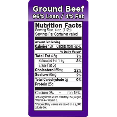 Label - Ground Beef 96% Lean/4% Fat (nut Fact) Purp/Black/UV 1.5x3.0 In. 1M/Roll
