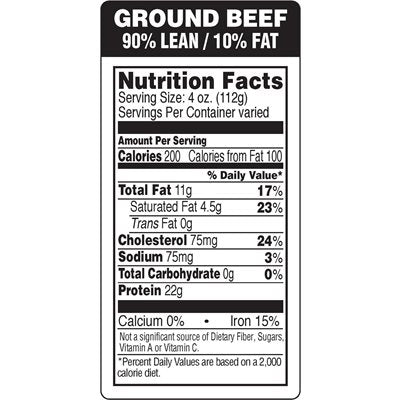 Label - Ground Beef-90% Lean/10% Fat(nut Fact) Black/UV 1.5x3.0 In. 1M/Roll