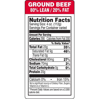 Label - Ground Beef-80% Lean/20% Fat(nut Fact) Red/Black/UV 1.5x3.0 In. 1M/Roll