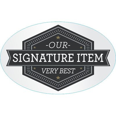 Label - Signature Item/Our Very Best White/Slv/Gld/Black On Clear 1.25x2.0 In. Oval 500/Roll