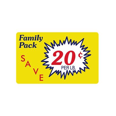 Label - Family Pack/Save 20¢/lb Yellow/Red/Blue 2.2x3.6 In. Burst 500/rl