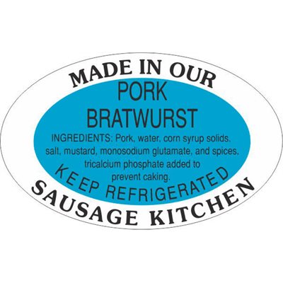 Label - Pork Bratwurst/Made In Our..Kitchen Blue/Black 1.25x2 In. Oval 500/rl
