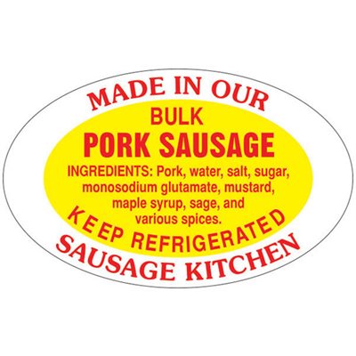 Label - Bulk Pork Sausage/Made In Our..Kitchen Yellow/Red 1.25x2 In. Oval 500/rl