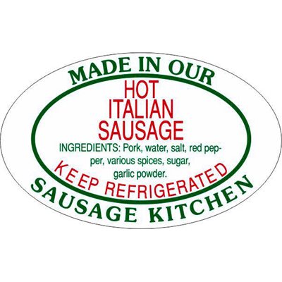 Label - Hot Italian Sausage/Made In Our..Kitchen Green/Red 1.25x2 In. Oval 500/rl