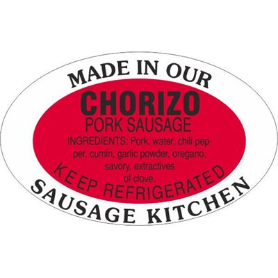 Label - Chorizo Pork Sausage/Made In Our..Kitchen Red/Black 1.25x2 In. Oval 500/rl