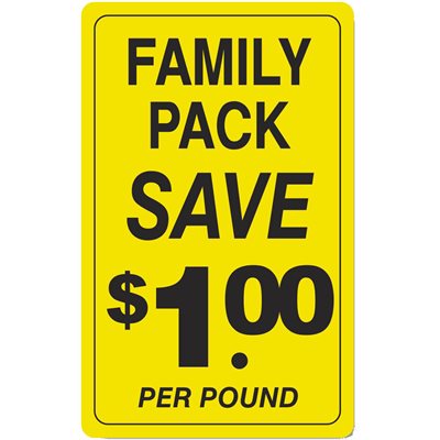 Label - Family Pack/Save 1.00 Per Pound Yellow/Black 2.2x3.6 In. 250/rl