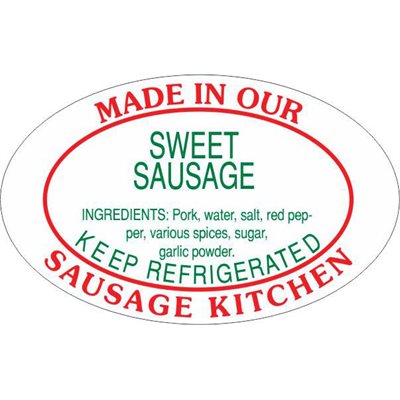 Label - Sweet Sausage/Made In Our..Kitchen Red/Green 1.25x2.0 In. Oval 500/rl