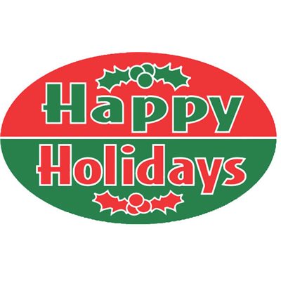 Label - Happy Holidays (w/Holly) Green/Red 1.25x2 In. Oval 500/rl