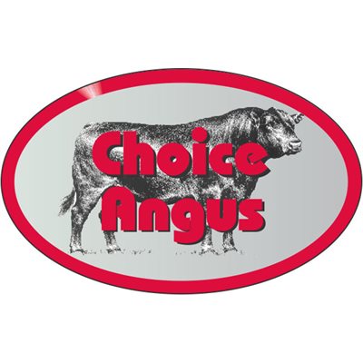 Label - Choice Angus (w/steer) Red/Black On Silver 1.25x2Oval In. 500/rl