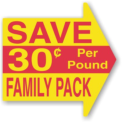 Label - Save Family Pack 30¢ Per Pound Red/Yellow 3x2.99 In. Arrow 500/Roll