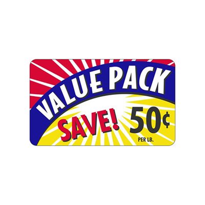 Label - Value Pack/Save 50¢ Yellow/Red/Blue/Black 2.2x3.6 In. Burst 500/rl