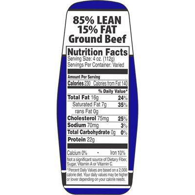 Label - Ground Beef 85%/15% W/nut Fact Blue/Black 1.5x3.62 In. 500/RL