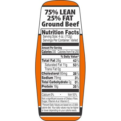 Label - Ground Beef 75%/25% W/nut Fact Orange/Black 1.5x3.62 In. Special 500/RL