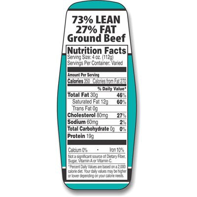 Label - Ground Beef 73%/27% W/nut Fact Blue/Black 1.5x3.62 In. 500/RL