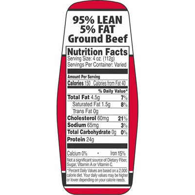 Label - Ground Beef 95%/5% (nutl Fact) Red/Black 1.5x3.62 In. Special 500/RL