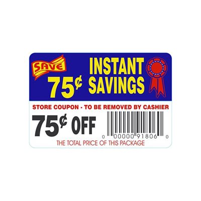 Label - Instant Savings-75¢ Off(tearoff) Blue/Red/Yellow/Black 2x3 In. 250roll