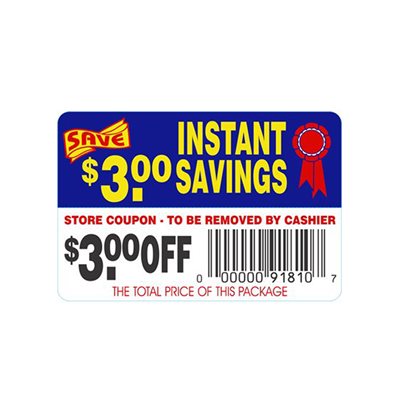 Label - Instant Savings-$3.00 Off(tearoff) Blue/Red/Yellow/Black 2x3 In. 250roll