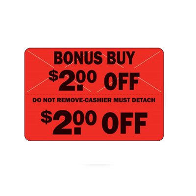 Label - Bonus Buy$2.00 Off (tearoff) Black On Red 2x3 In. 250roll