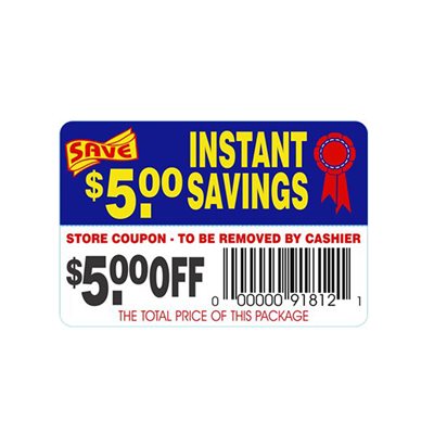 Label - Instant Savings-$5.00 Off(tearoff) Blue/Red/Yellow/Black 2x3 In. 250roll