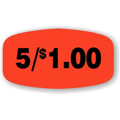 Label - 5/$1.00 Black On Red Short Oval 1000/Roll