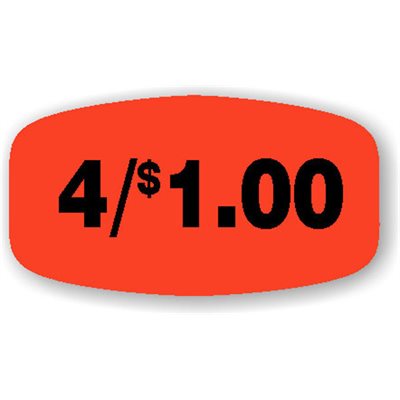 Label - 4/$1.00 Black On Red Short Oval 1000/Roll