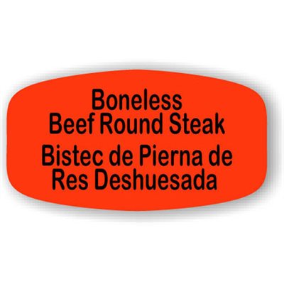 Label - Boneless Beef Round Steak/Bistec De Pierna De Res Deshuesada Black On Red Short Oval 1000/Roll