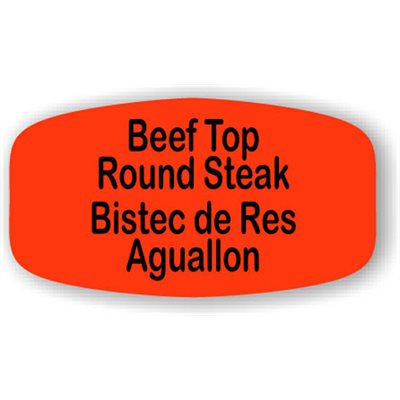 Label - Beef Top Round Steak/Bistec De Res Aguallon Black On Red Short Oval 1000/Roll